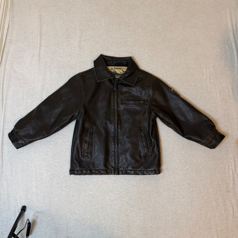 Hawke & Co Faux Leather Bomber Jacket Kids Size 5/6 Brown Full Zip Aviator Coat
